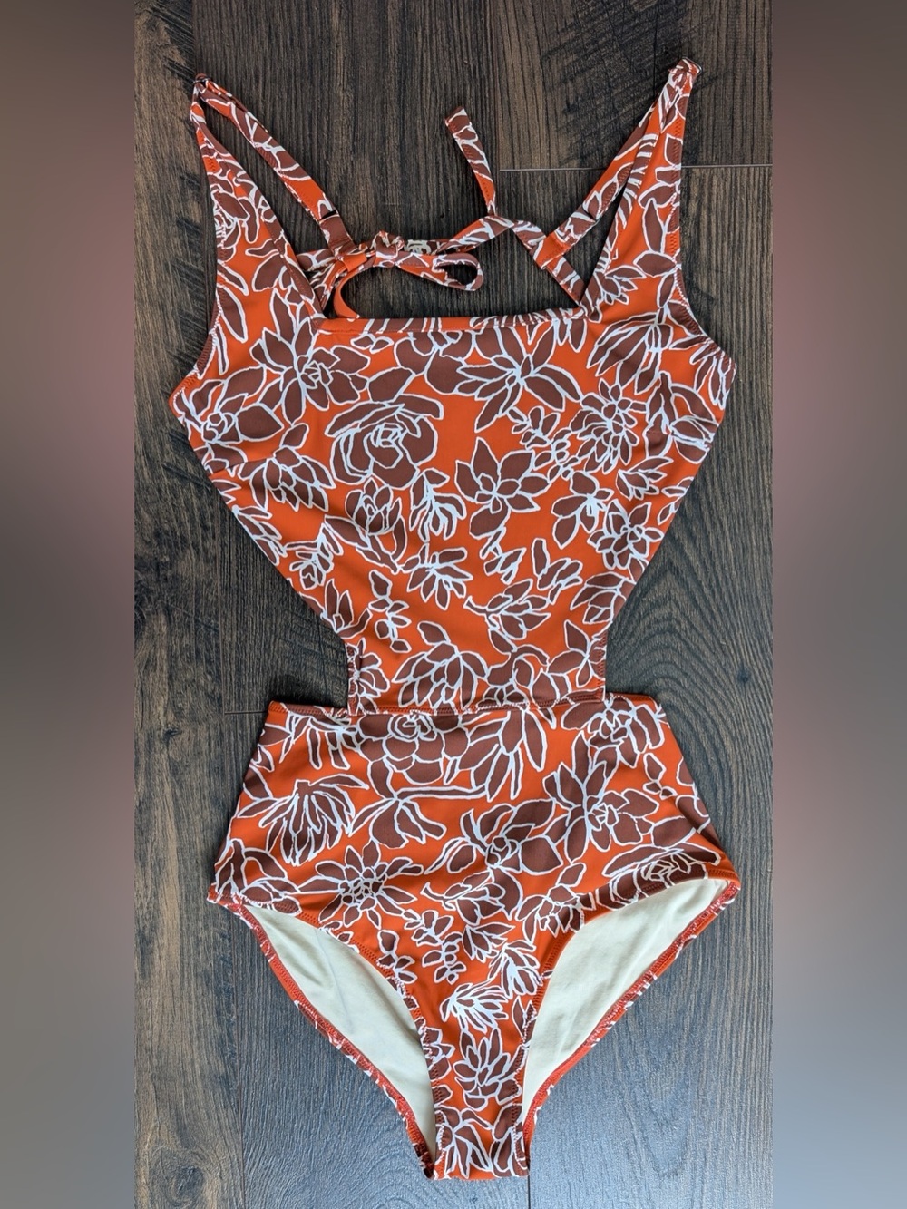 Kate Spade Saturday Floral Cutout Tie-Back Orange Brown Swimsuit Size Small